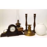 Moorcroft style oil lamp (Hink's No. 2 Duplex) in brass stand, pair of oak candlesticks and an oak