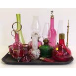 Cranberry glass bottle decanter, lamps, atomiser and other glass Condition report: see terms and