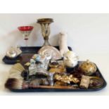 Collection of mixed interior decorators items including a reproduction vase, plaster foot,