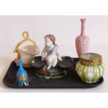 Victorian glass basket, Minton type figure and three other items of glass. Condition report: see