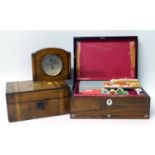 Victorian rosewood sewing box and contents, walnut jewellery box and Short + Mason aneroid barometer