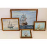 Four oil on canvas paintings of tall ships and battle ships, signed Ben Evans, Y. Jones, Ambrose,