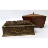 George III tea caddy of sarcophagus shape and a Chinese carved box. Condition report: see terms and