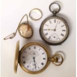 Rolled gold pocket watch, white metal cased pocket watch, a cameo brooch and a gold ring.