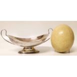 Ostrich egg and a silver plated twin handle dish. Condition report: see terms and conditions