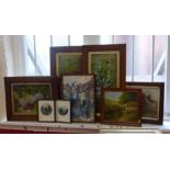 3 framed paintings of wild flowers and water colour of house in and framed rural view Condition