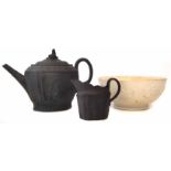 Black basalt teapot circa 1800, a similar jug, and a stoneware bowl. Condition report: see terms and