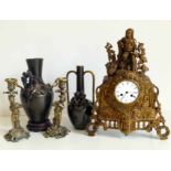Le Roy Paris French Rococo mantel clock, pair of similar garnitures and two vases decorated with