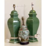 Pair of green glazed pottery table lamps Condition report: see terms and conditions