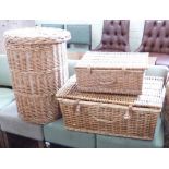 Wicker laundry basket and two picnic hampers. Condition report: see terms and conditions