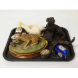 Border Fine Arts animal group, resin dog, metalware fox & hare and 3 pill boxes Condition report: