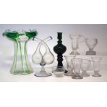 Stuart and Sons green trailed glass vase, Victorian oil / vinegar double neck decanter, green lace