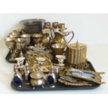 Quantity of metal ware goblets, flutes, photo frames, plates, champagne bucket and brass inkstand