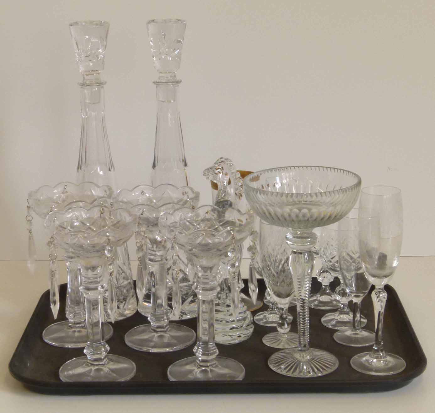 Four modern cut glass lustres, pair of modern decanters etc. Condition report: see terms and