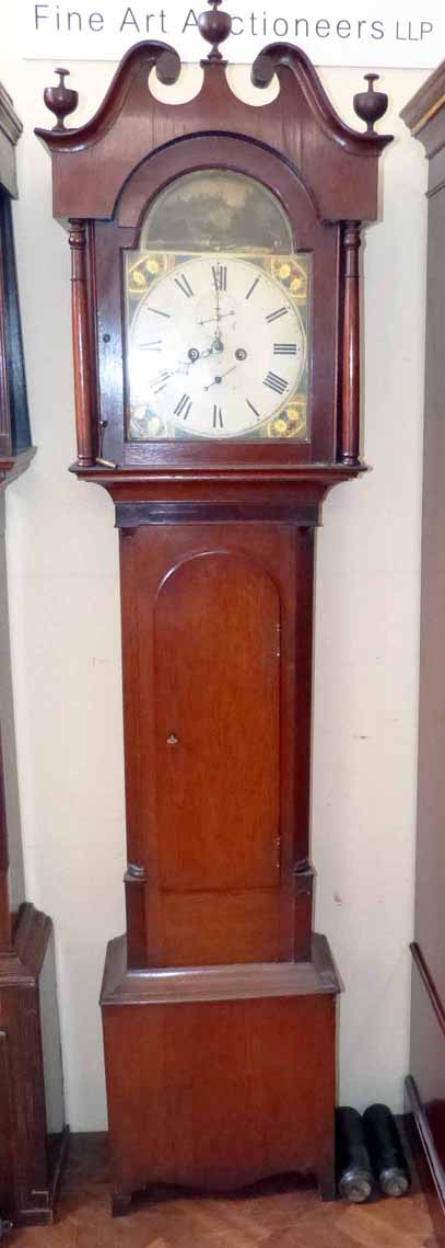 Oak cased 8-day long case clock with enamel dial complete with winder, key, pendulum and two