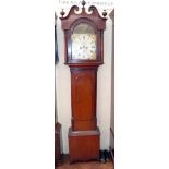 Oak cased 8-day long case clock with enamel dial complete with winder, key, pendulum and two