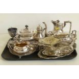 Georgian style 4 pc. tea set, pierced plated dish with swing handle etc Condition report: see