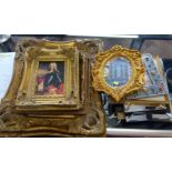 Two reproduction gilt framed portraits, resin marble effect framed plaque and a quantity of
