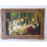 Large modern gilt framed oil painting depicting early 20th century dinner party scene. Condition
