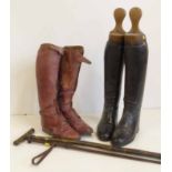 Pair of hunting boots, pair of polo boots, whip and stick Condition report: see terms and
