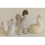 Rye Pottery cockerel vase, Beswick vase, and a Raku studio pottery hen marked S.D. Condition report: