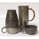 English pewter hot water jug, Tudric two handled vase and small cream jug all with whiplash