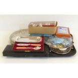 Oval plated tray with pierced rims, quantity boxed plated cutlery and plated cruet etc. Condition