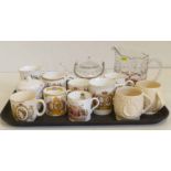 Ten commemorative mugs, glass marriage tea pot. Condition report: see terms and conditions