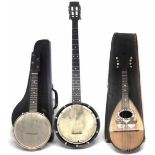 Temlett banjo, a bowl back mandolin by Stidente, and a banjolele. Condition report: see terms and