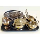 Three piece EPNS tea set and various other plated ware. Condition report: see terms and conditions