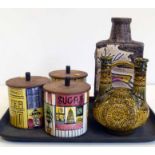 Three Gantofta Sweden kitchen jars, Bay West German vase and another West German art pottery vase.