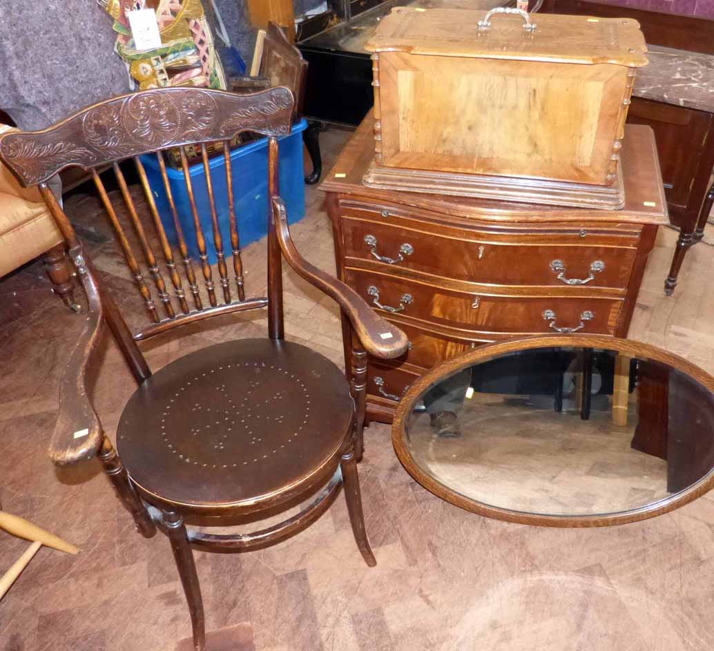 Mahogany chest of drawers, Bentwood elbow chair, oak frame mirror and sewing machine. Condition