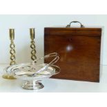 Pair of brass candlesticks, EPNS cake basket and a mahogany travel box. Condition report: see