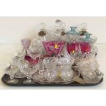 3 cut glass decanters, decanter labels, qty mixed coloured glass and misc glassware Condition