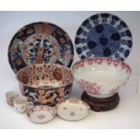 Collection of Chinese porcelain, to include a bowl with wood stand, a late 19tn century blue and