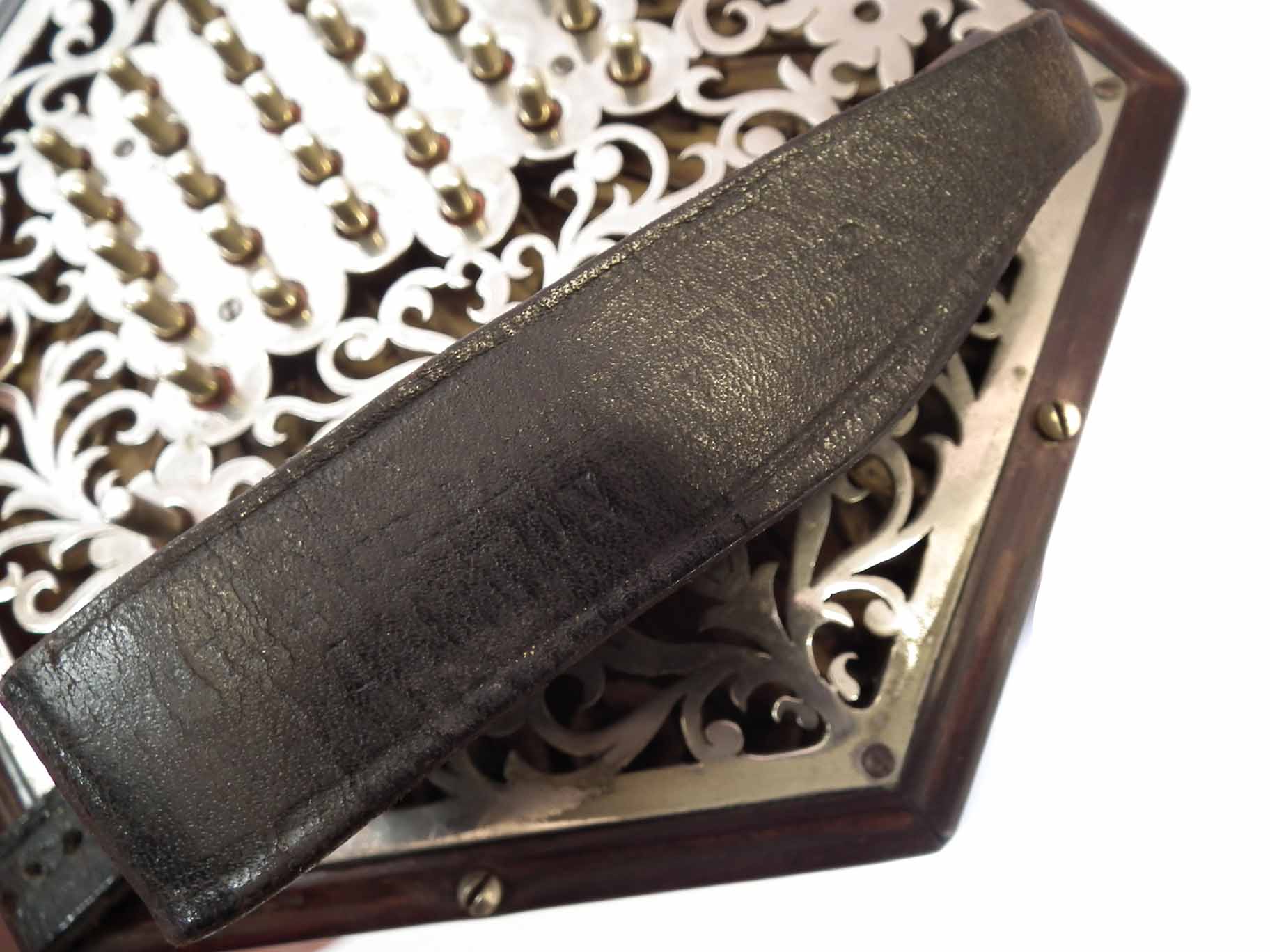 Lachenal & Co. 56 key concertina, with pierced metal end plates fitted to rosewood hexagonal body, - Image 6 of 16