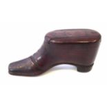 Victorian novelty treen shoe snuff box, with stud-work decoration, and sliding cover, length 9cm.