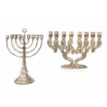 Two silver Hanukkah Menorah, one with pedestal base with embossed inscription, branch design arms,