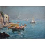 Oscar Ricciardi (Italian, 1864-1935), Fishermen in the Bay of Naples, signed, oil on board, 34.5 x