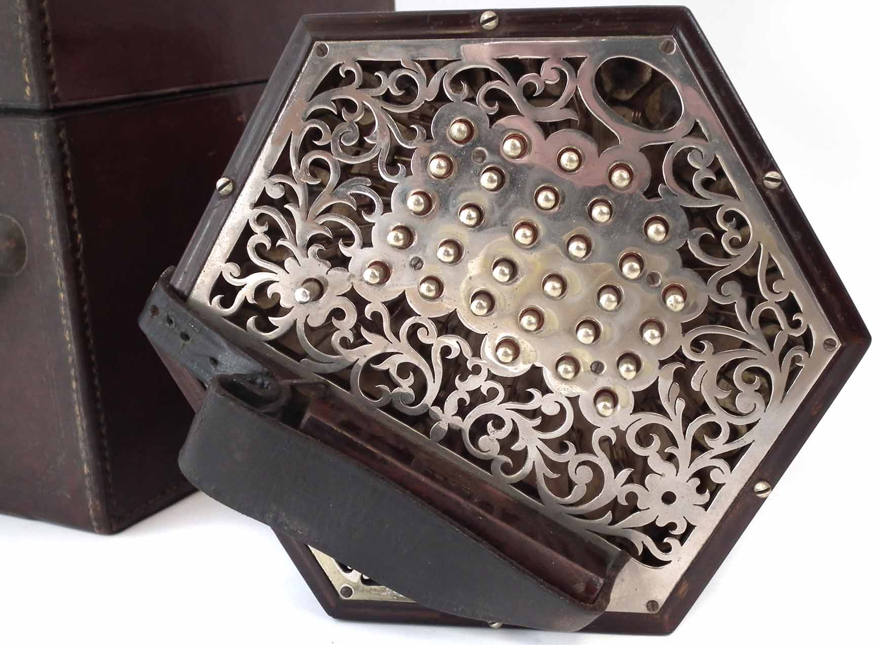 Lachenal & Co. 56 key concertina, with pierced metal end plates fitted to rosewood hexagonal body, - Image 2 of 16