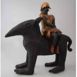 Anna Zamorska (Polish, b.1942), Seated female on mythical creature's back, ceramic sculpture, height