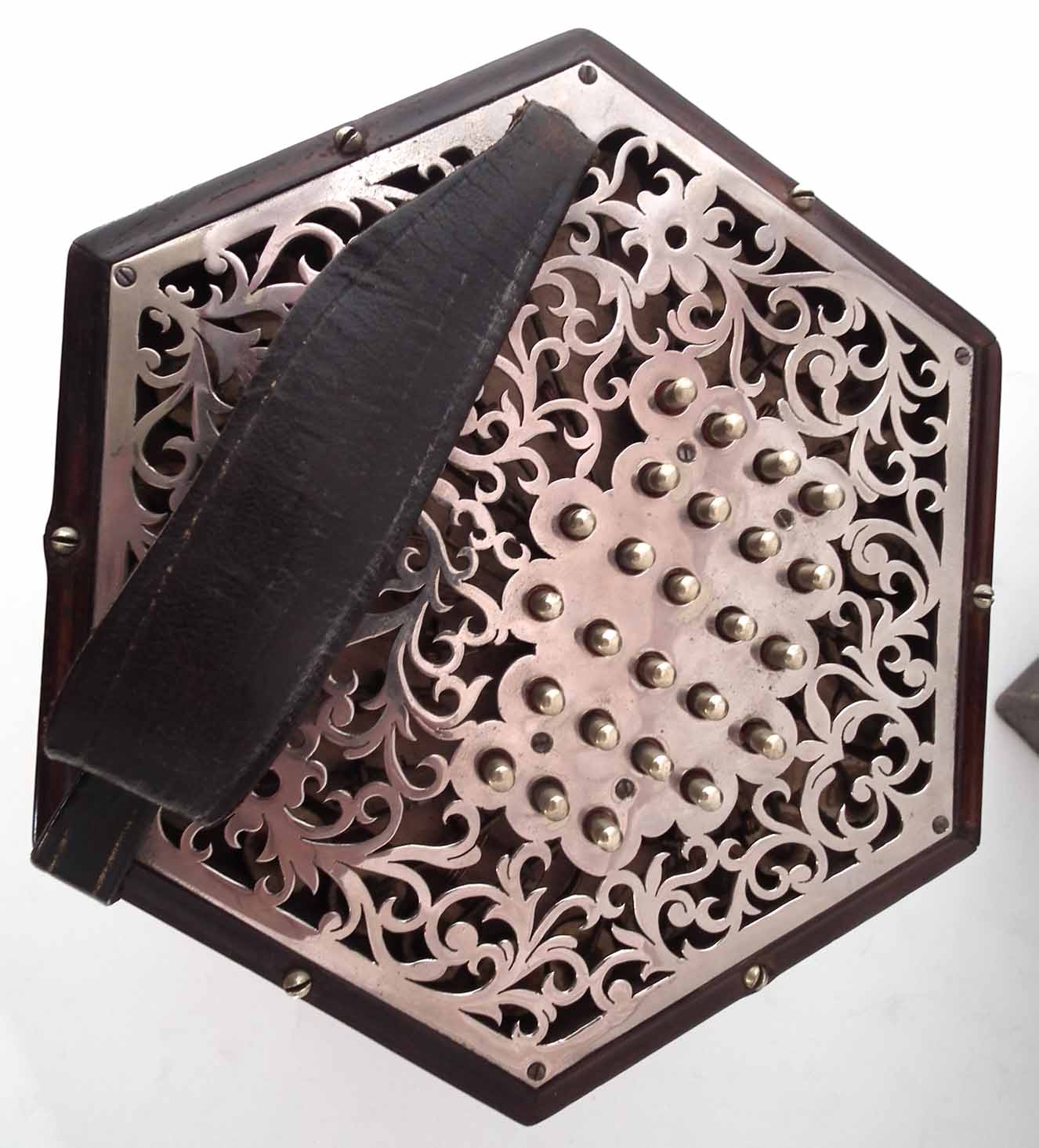 Lachenal & Co. 56 key concertina, with pierced metal end plates fitted to rosewood hexagonal body, - Image 14 of 16