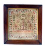 A Victorian sampler worked by Jane Dolphin, dated 1838, the centre depicting Adam and Eve at the