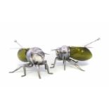 Pair of silver plated and green glass honey pots by Elkington & Co. in the form of bumble bees,