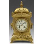 French cast brass rococo style mantel clock, late 19th century, the square section case moulded with