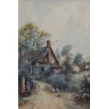 Joseph Hughes Clayton (exh.1891-1929), Rural lane with cottage, figure and ducks, signed,