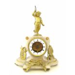 A 19th century French alabaster mantel clock, the lyre shaped body surmounted with a putti holding a