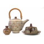 David Leach St Ives pottery teapot, with cane handle, also a butter dish, small vase (5) the