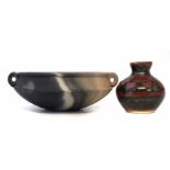 John Leach Muchelney pottery bowl, with twin ring handles and blended matt smoke glazed body, also a