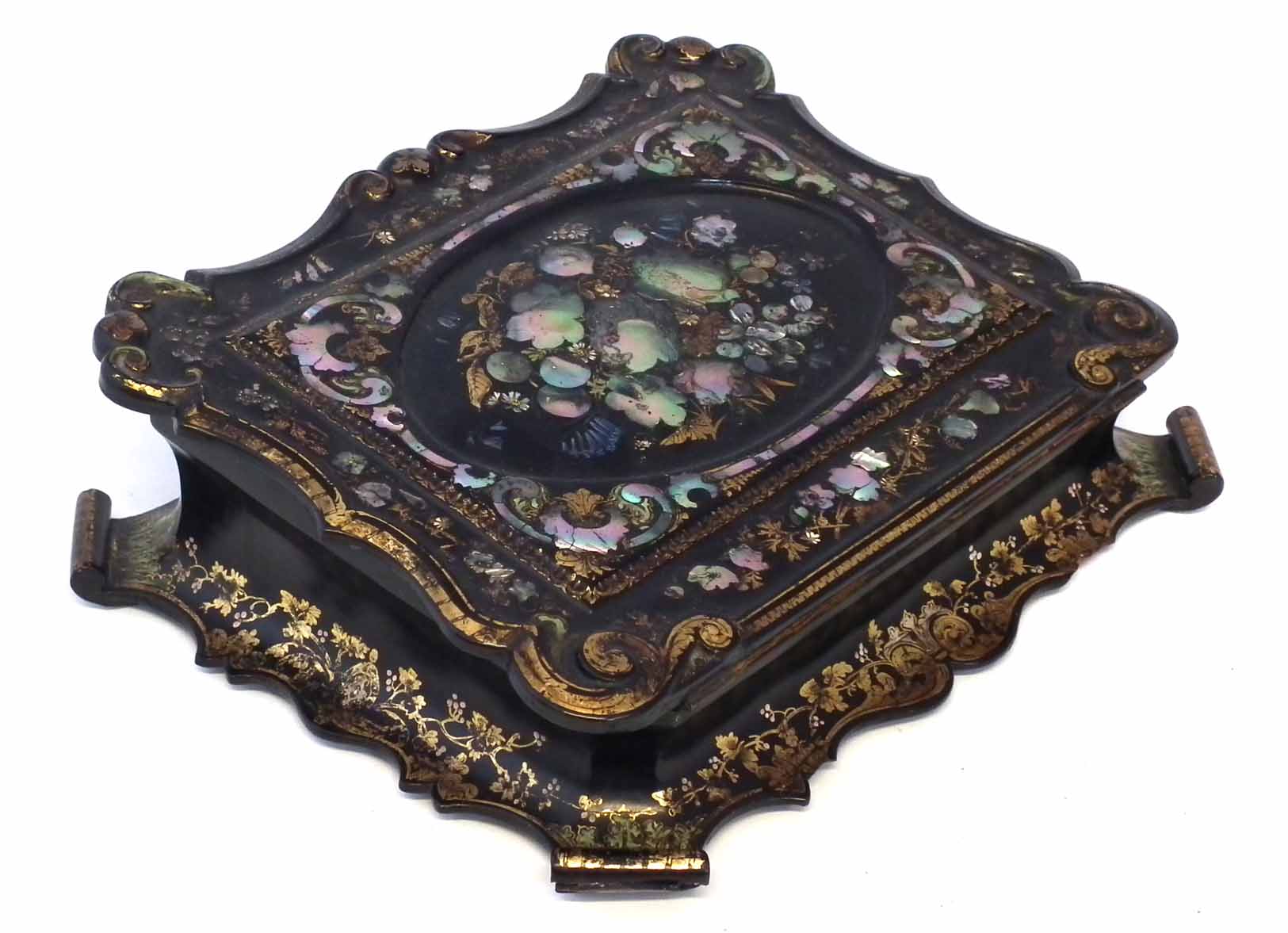 Victorian Papier Mache writing slope, decorated with flowers in abalone inlay and gilt details,